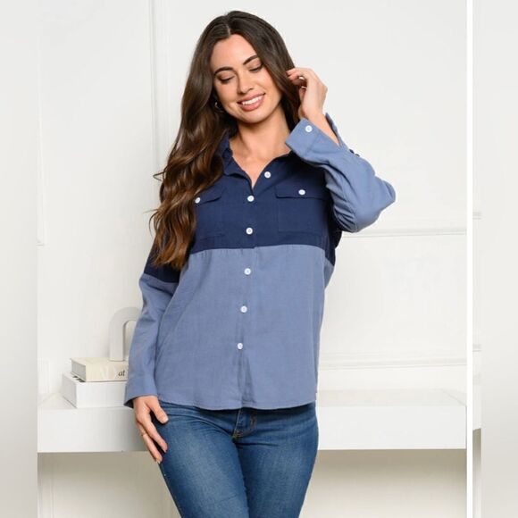 Women’s long sleeve front pocket button up colorblock top in denim - Picture 1 of 7